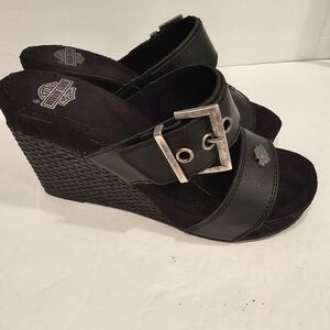 Harley-Davidson Black Wedge Sandals with Silver Buckle